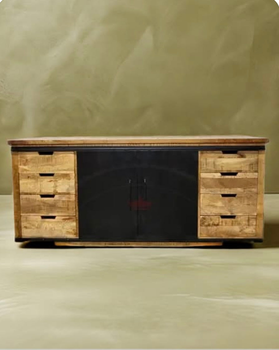 Buffet en bois de manguier avec double portes coulissantes en acier tiroirs naturel