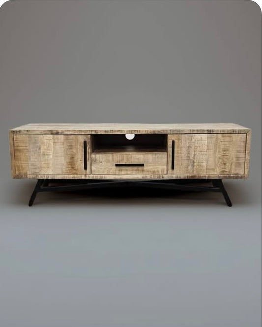 TV cabinet in raw mango wood on black steel legs