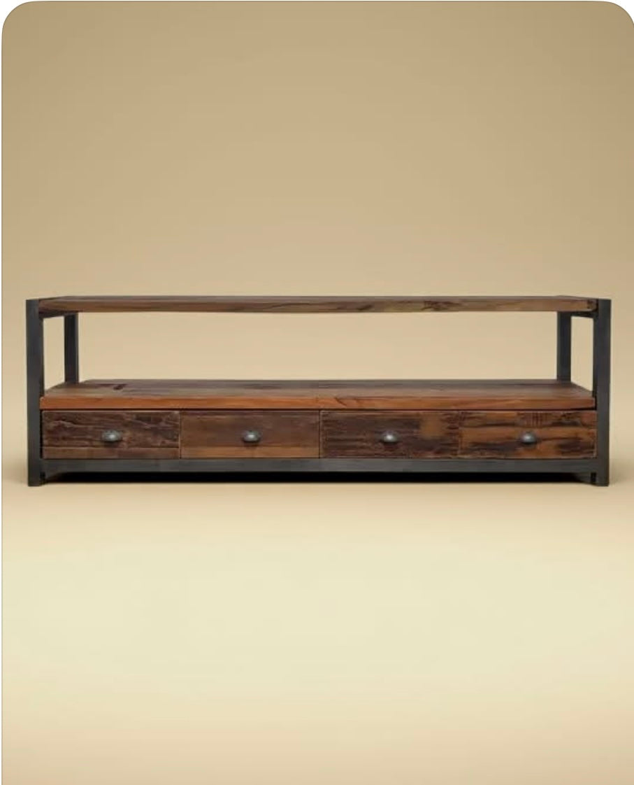 Industrial TV cabinet made of recycled wood and steel with 4 drawers