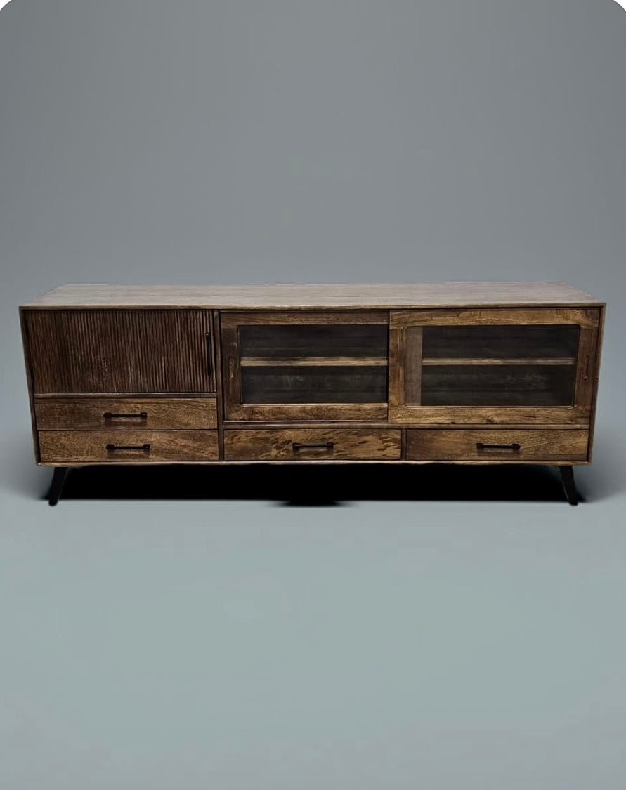 Arezzo TV cabinet in mango wood with sliding glass doors