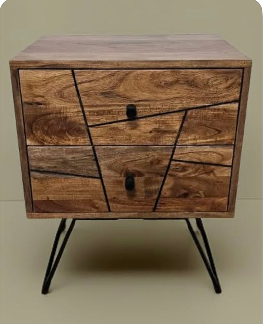 Mid-Century Style Acacia Wood Side Table with 2 Drawers