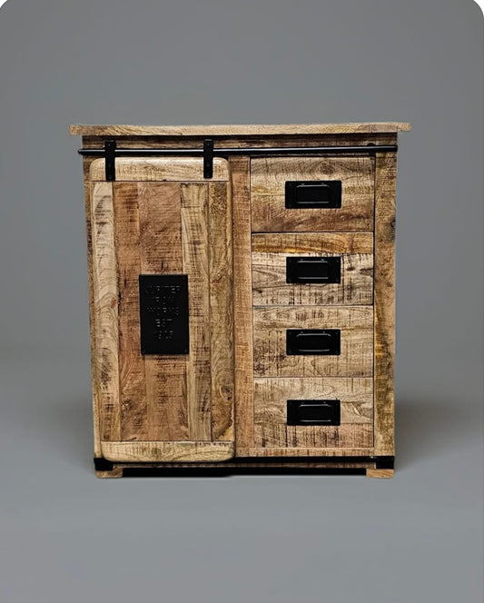 Farmhouse Chest of Drawers in Raw Mango Wood with Sliding Door