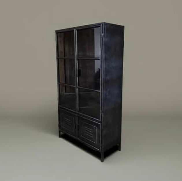 Vintage black steel cabinet with glass door and locker style door at the bottom