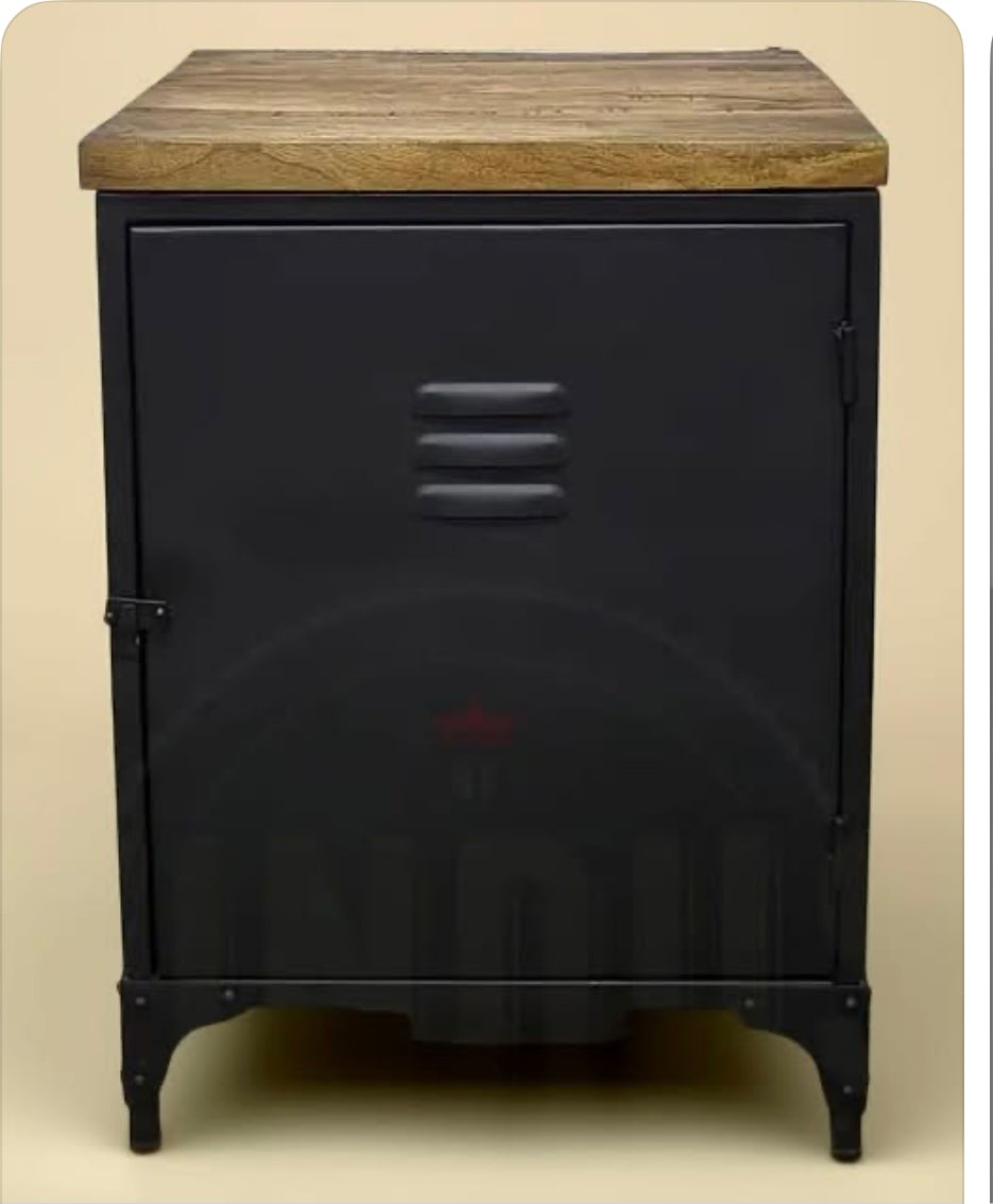 Industrial black steel locker style side table with mango wood top
