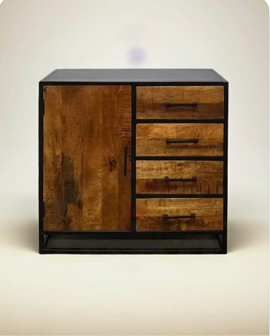 Chest of drawers in mango wood and black steel structure