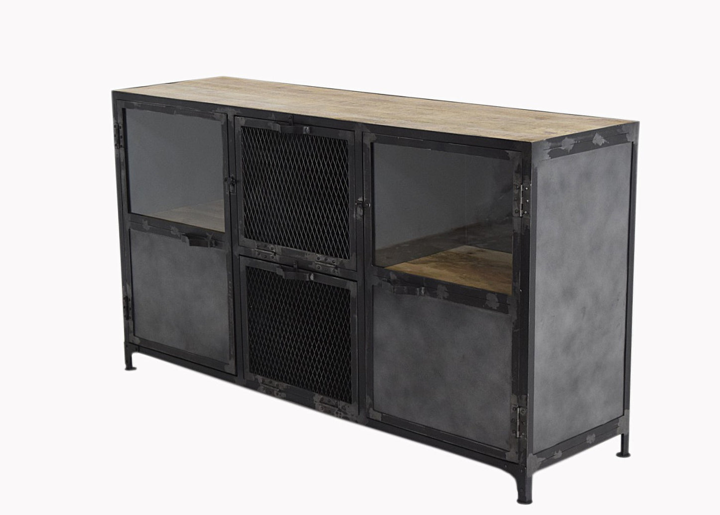 Buffet Ibiza en bois de manguier et acier brut portes vitrées