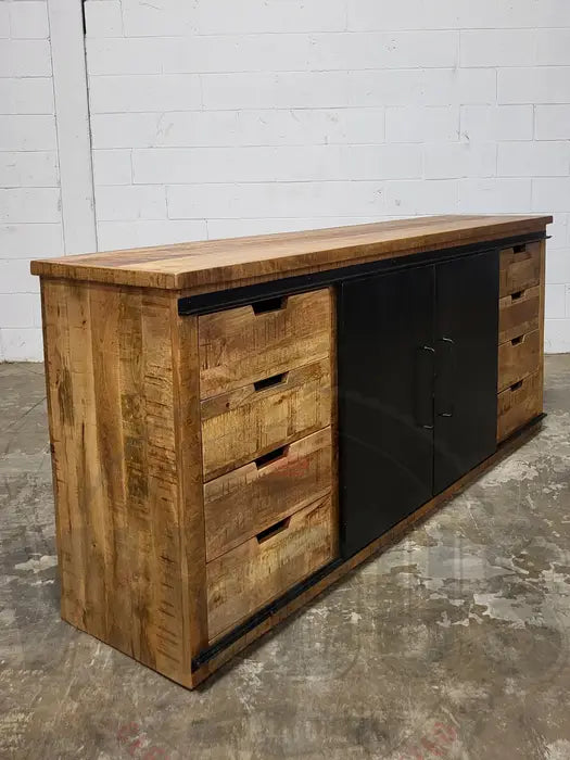 Buffet en bois de manguier avec double portes coulissantes en acier tiroirs naturel