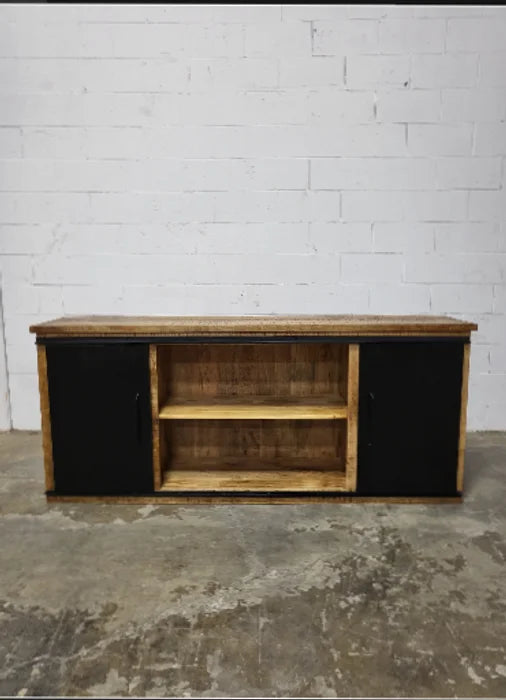 Buffet en bois de manguier avec double portes coulissantes en acier tiroirs naturel