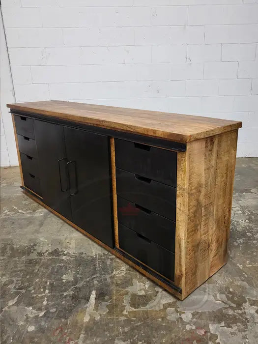 Mango wood sideboard with double sliding steel doors and black drawers