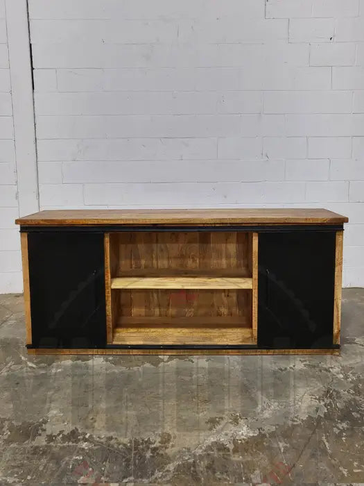 Mango wood sideboard with double sliding steel doors and black drawers