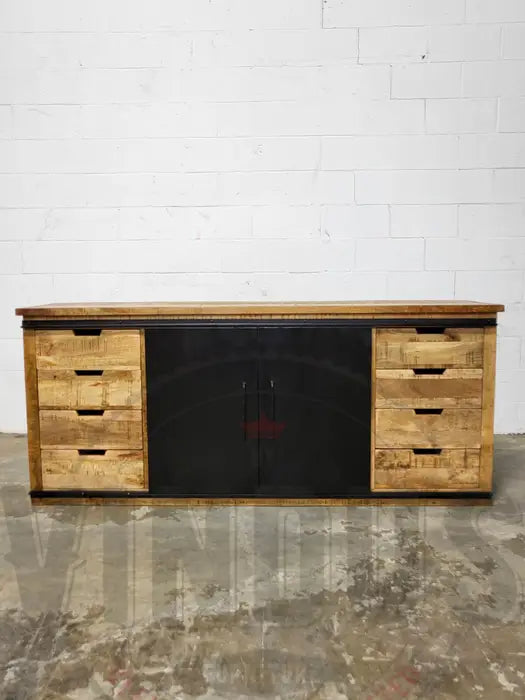 Buffet en bois de manguier avec double portes coulissantes en acier tiroirs naturel