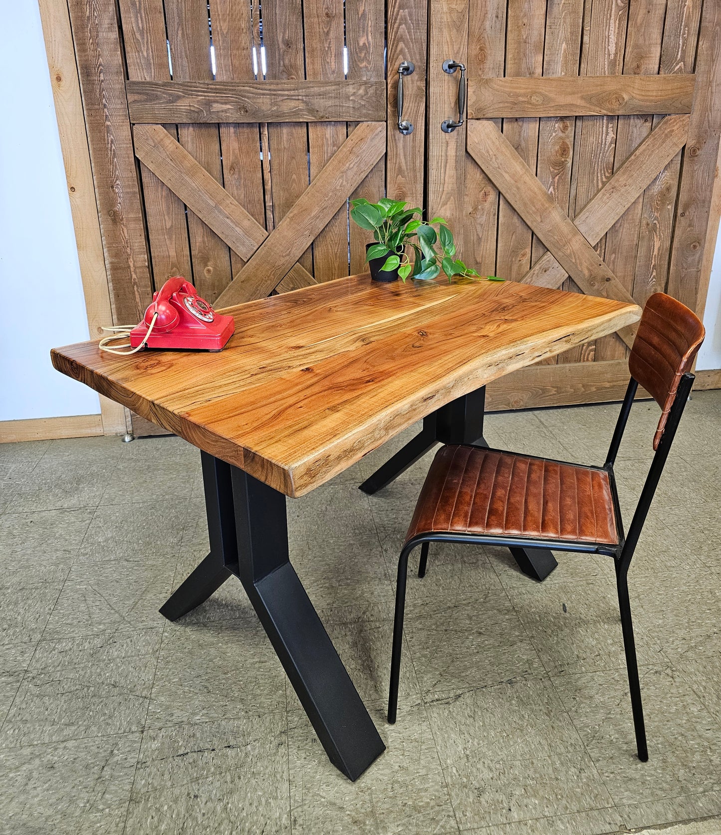 Solid Acacia Wood Work Desk on Black Steel Legs