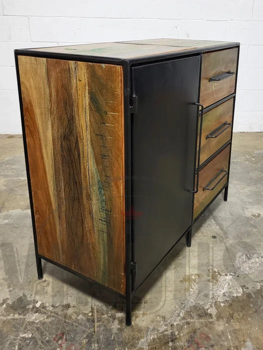Recycled wood chest of drawers with steel door and 3 drawers