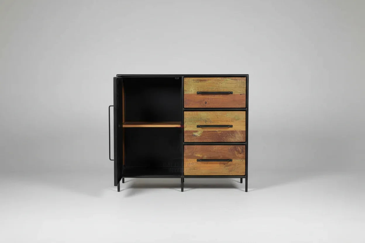 Commode en bois recyclé avec porte en acier et 3 tiroirs Vindus Furniture