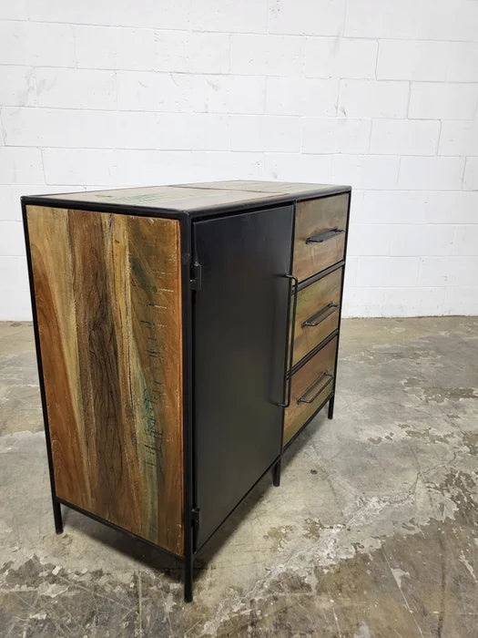 Commode en bois recyclé avec porte en acier et 3 tiroirs