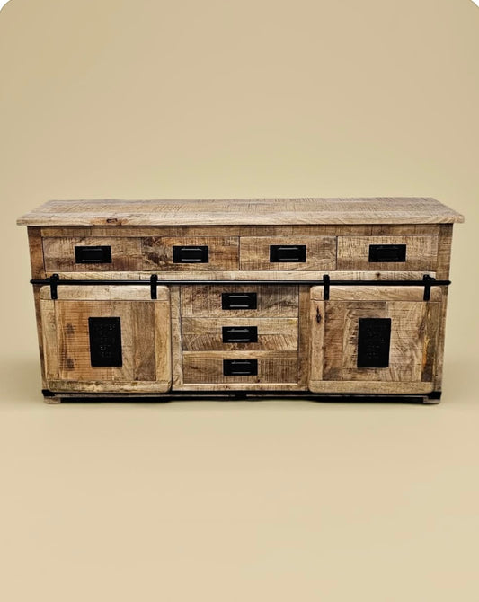Farmhouse sideboard in raw mango wood with sliding doors
