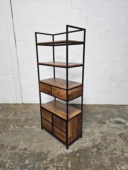 Étagère Style industrielle en bois de manguier et acier noir avec 2 tiroirs Vindus Furniture