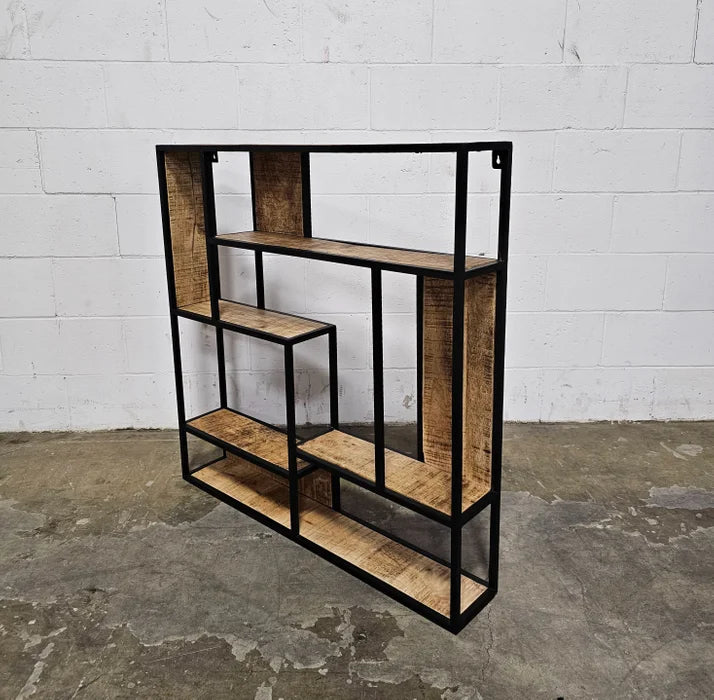 Square wall shelf in mango wood and black steel