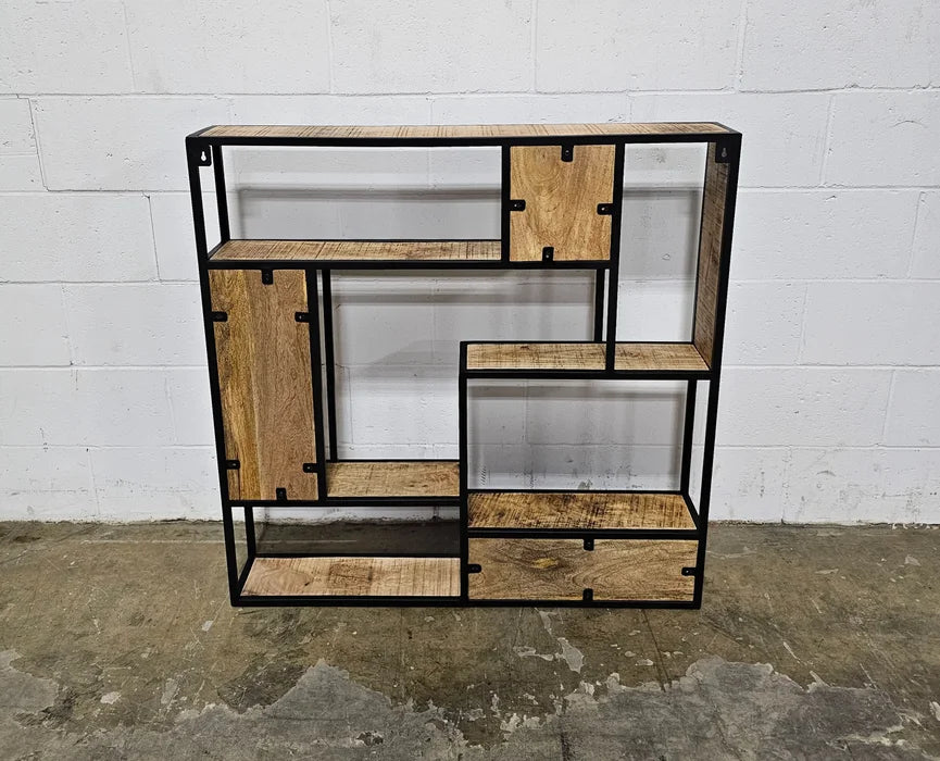 Étagère mural carrée en bois de manguier et acier noir