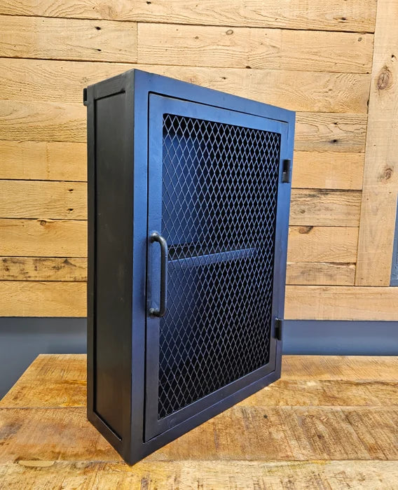 Étagère mural de rangement acier noir porte en grillage