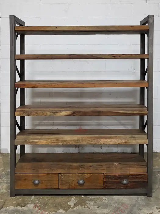 Industrial shelf in recycled wood and steel with 3 drawers