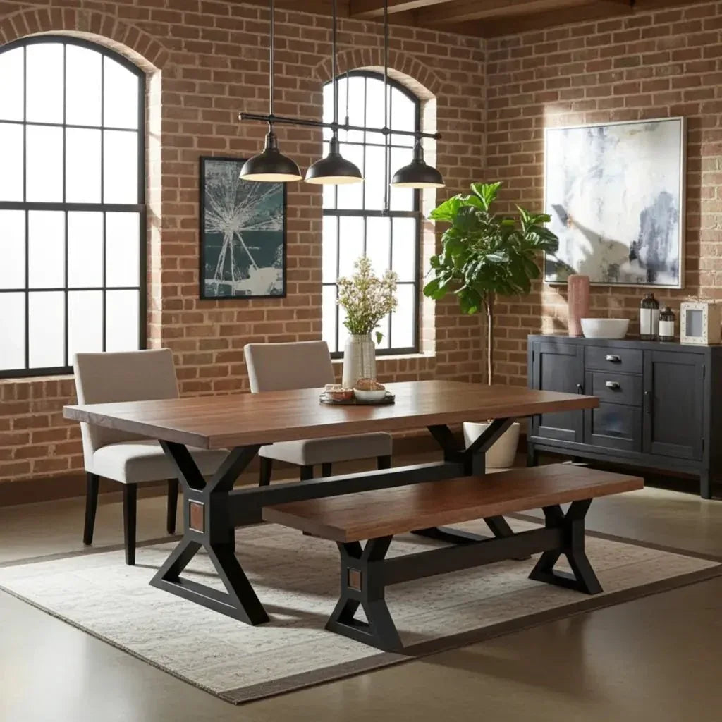 Matte black X-shaped dining table with a brown acacia top – Vindus