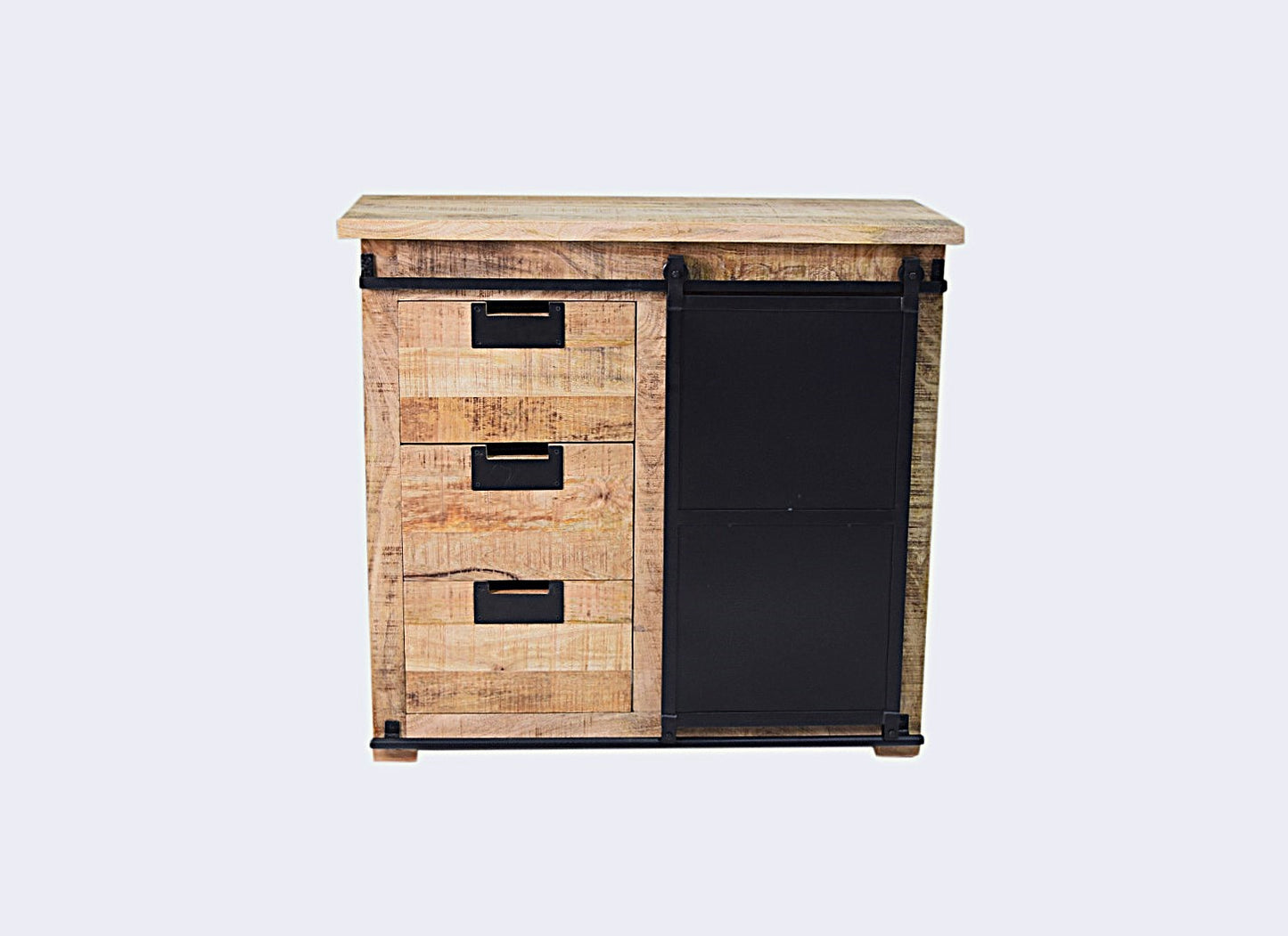 Meuble Commode Raven en bois de manguier porte coulissante en acier noir