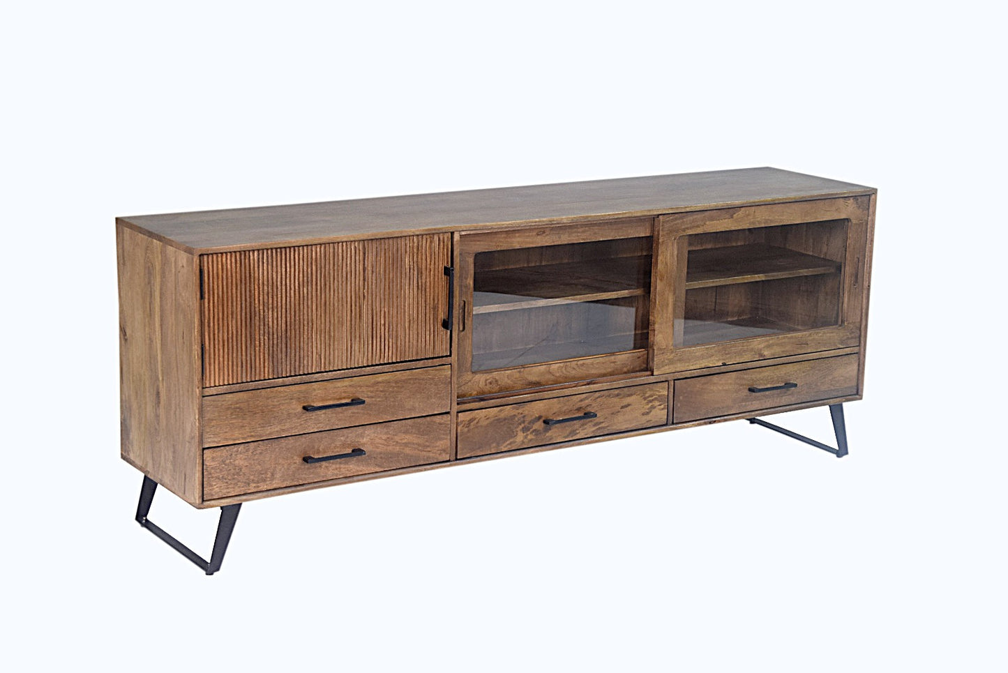 Meuble Télé Arezzo en bois de manguier portes coulissantes vitrées