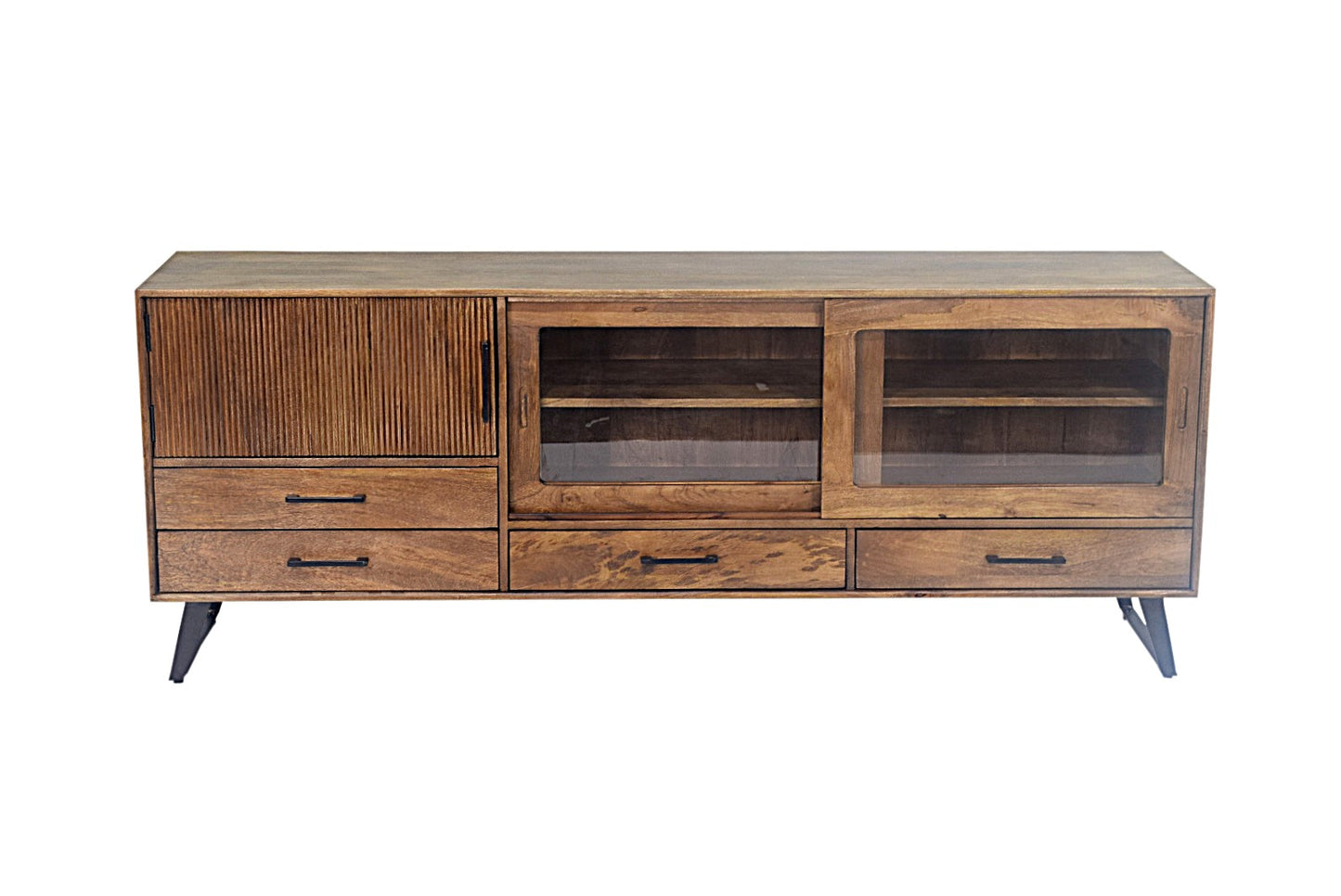 Meuble Télé Arezzo en bois de manguier portes coulissantes vitrées