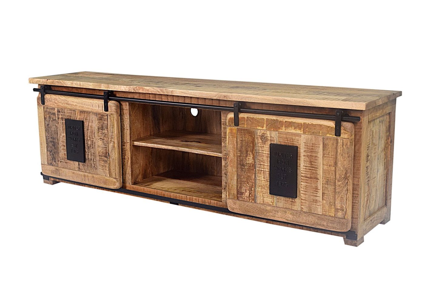 Farmhouse TV cabinet in raw mango wood with sliding doors