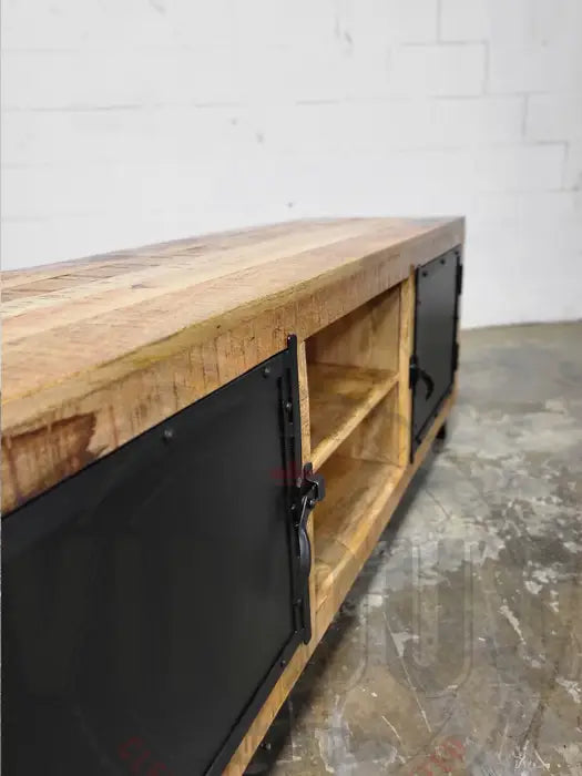 Mango wood TV cabinet with black steel door