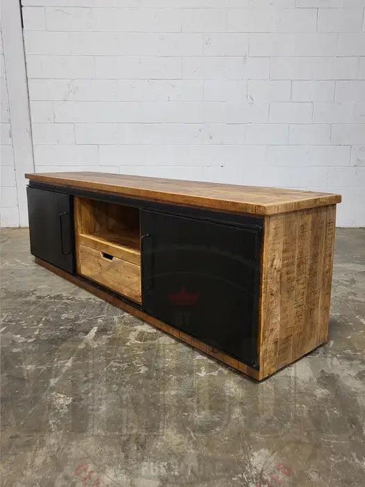 Mango wood TV cabinet with 2 sliding steel doors