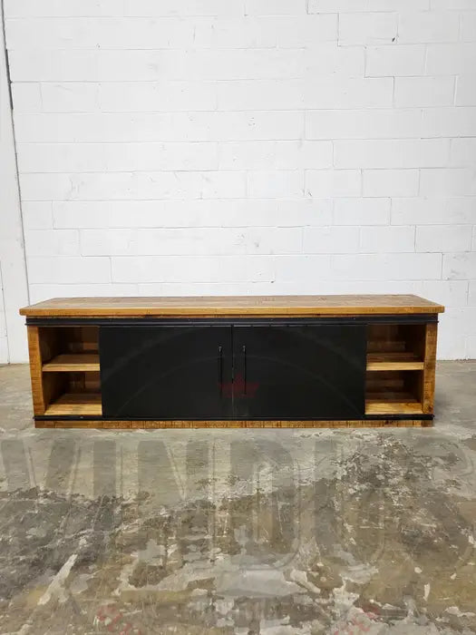 Mango wood TV cabinet with 2 sliding steel doors