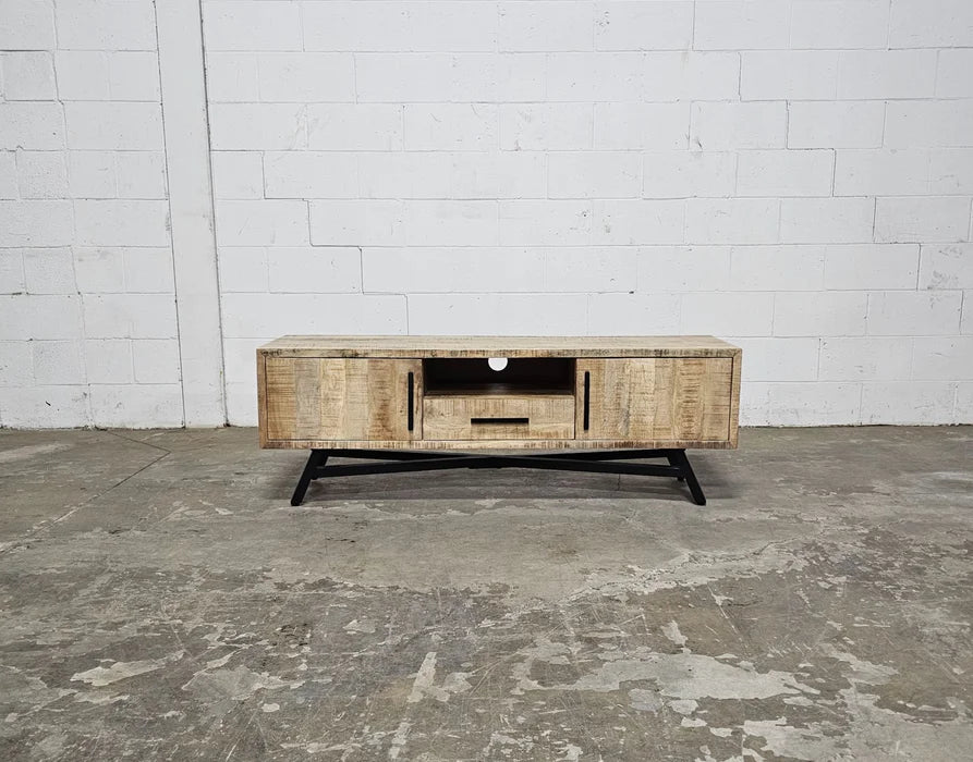 TV cabinet in raw mango wood on black steel legs