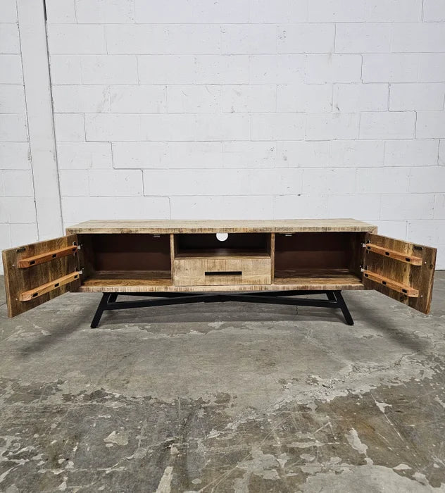 TV cabinet in raw mango wood on black steel legs
