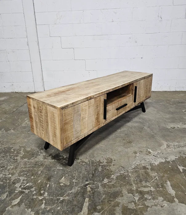 TV cabinet in raw mango wood on black steel legs
