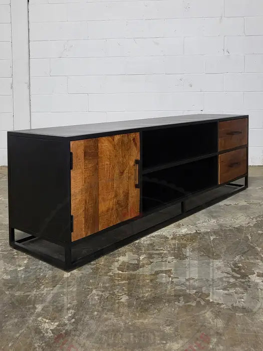 TV cabinet in mango wood and black steel structure