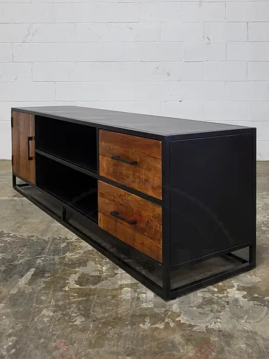 TV cabinet in mango wood and black steel structure