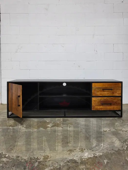 TV cabinet in mango wood and black steel structure