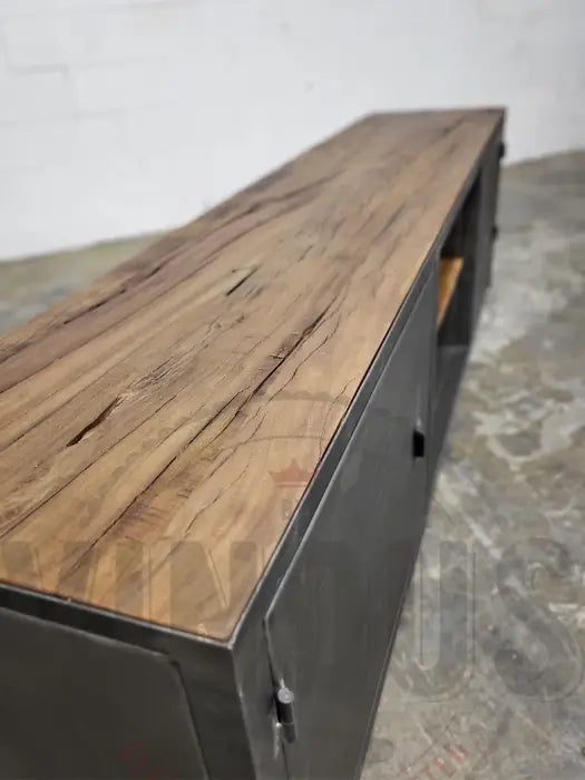 Industrial TV cabinet in antique wood and steel with 2 locker-style doors
