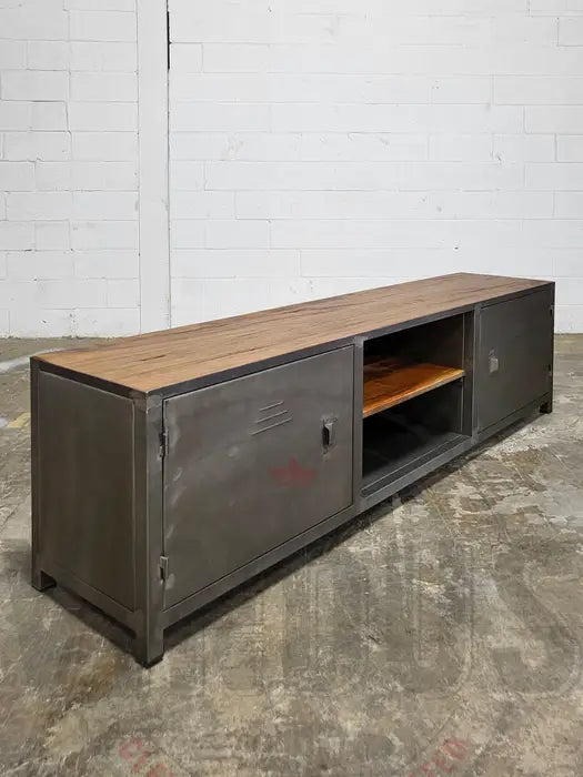 Industrial TV cabinet in antique wood and steel with 2 locker-style doors