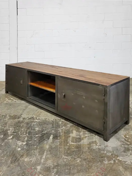 Industrial TV cabinet in antique wood and steel with 2 locker-style doors