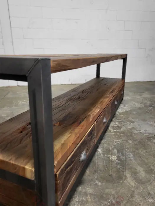 Industrial TV cabinet made of recycled wood and steel with 4 drawers