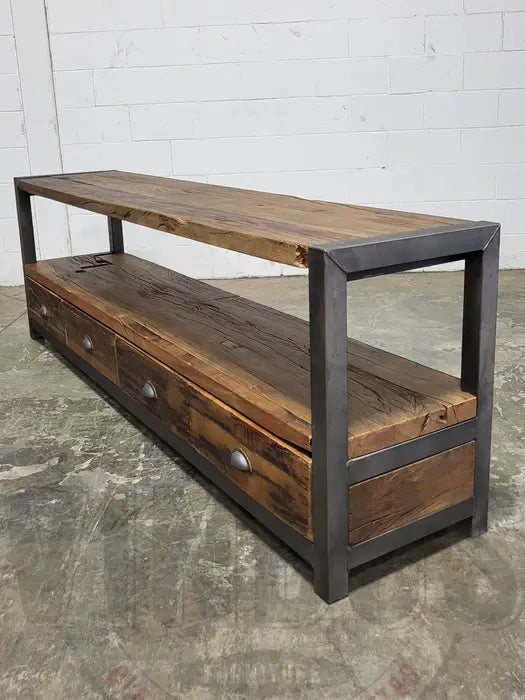 Industrial TV cabinet made of recycled wood and steel with 4 drawers