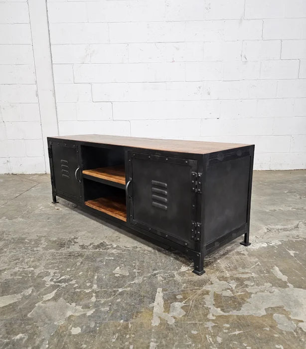 Industrial TV Stand or Entryway Bench in Locker Style Wood and Steel