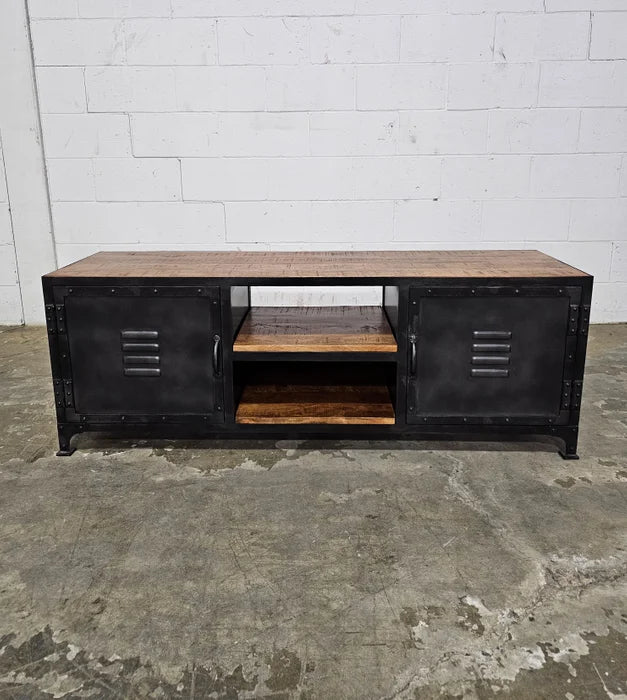 Industrial TV Stand or Entryway Bench in Locker Style Wood and Steel