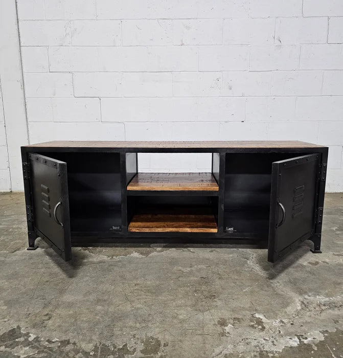 Industrial TV Stand or Entryway Bench in Locker Style Wood and Steel