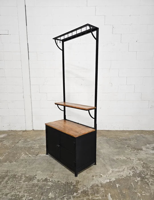 Entryway furniture with bench and storage, 32-inch coat rack, made of mango wood and steel, cabinet with storage shelf and 8 hooks