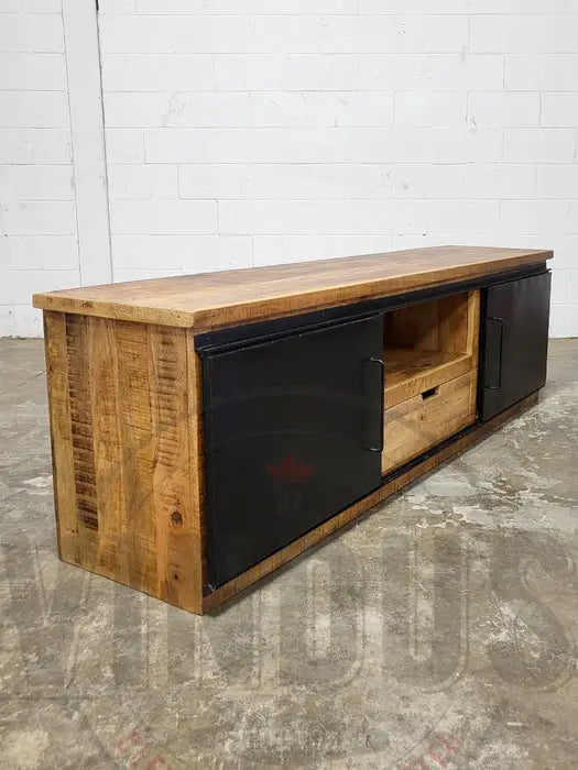 Mango wood TV cabinet with 2 sliding steel doors