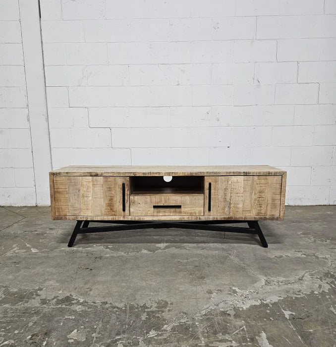 TV cabinet in raw mango wood on black steel legs